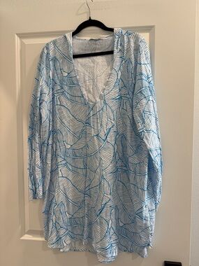 Charlie Holiday Blue Leaf Print Hooded Tunic beach sz l